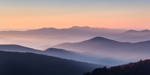 beautiful panoramic landscape with silent mountains in mist