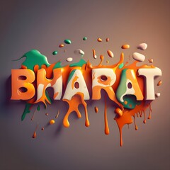 The word BHARAT, with Indian paint colors splashing: orange, white, and green . Realistic , High details , dark background, creative image , 3d render.