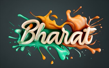 The word BHARAT, with Indian paint colors splashing: orange, white, and green . Realistic , High details , dark background, creative image , 3d render.