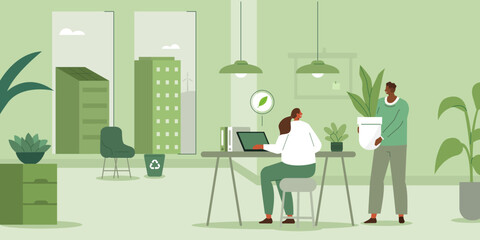 Sustainable workplace concept. Characters working together at environmental friendly office with plants. Vector illustration. - 644974722