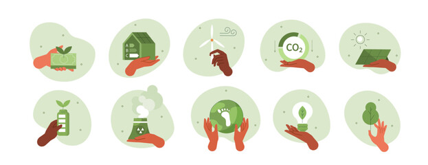 
Climate change illustration set. Characters hands holding planet earth and other objects as metaphor for green energy, forest conservation and sustainability. Vector illustration.