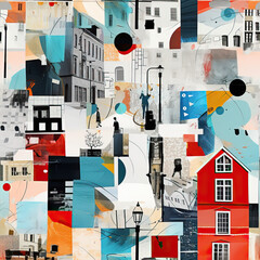 Travel Europe art collage European streets cartoon repeat pattern