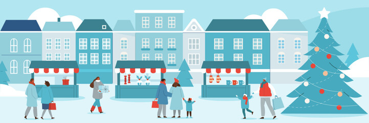 Obraz na płótnie Canvas Winter shopping concept. Happy people walking on Christmas market streets in old town and buying holiday gifts in souvenir kiosks. Vector illustration.