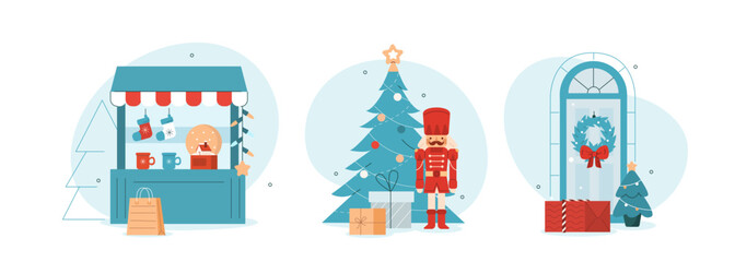 Winter holidays celebration concept. Scenes with seasonal souvenir kiosk, decorated Christmas tree, decorations and gifts. Vector illustration.