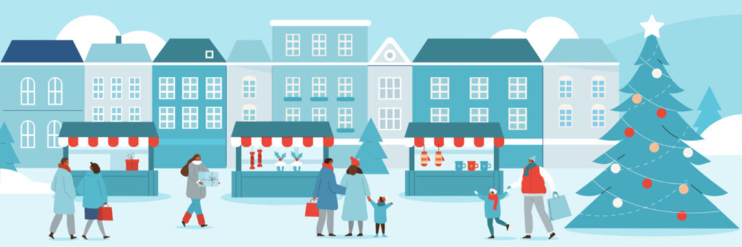 Winter shopping concept. Happy people walking on Christmas market streets in old town and buying holiday gifts in souvenir kiosks. Vector illustration.