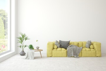 White scandinavian interior design with sofa. 3D illustration