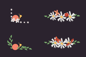 set of flower borders with cute animal, insects