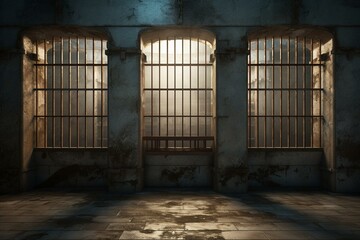 Fototapeta na wymiar Well-lit window brightens the inside of a prison cell made of concrete and metal bars. Generative AI