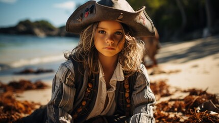 Little boy dressed as a pirate searching for treasure.