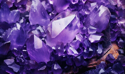 Amethyst stones Background. Purple minerals wallpaper. For postcard, book illustration. Created with generative AI tools