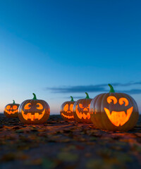 Selection of carved Halloween pumpkins on a leaf strewn ground at sunset glowing 3d render
