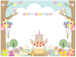 Obraz premium 誕生日を祝う森の動物のバースデーカード