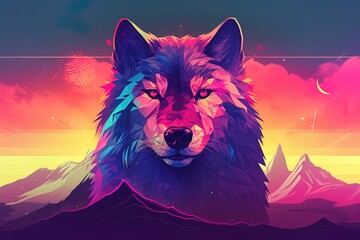 Colorful wolf Mountain Landscape illustration. Generated by AI. - obrazy, fototapety, plakaty