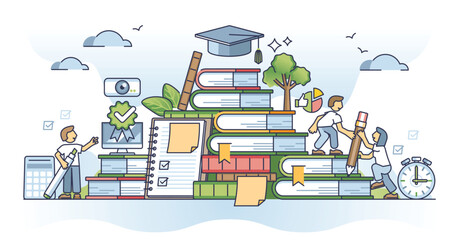 Continuous learning and skill upgradation with academic study outline concept. Upgrade your knowledge lifelong with book reading or courses vector illustration. Cognition process for self development - obrazy, fototapety, plakaty