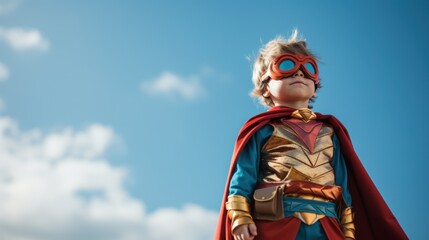 Obraz premium Little boy wearing a superhero cape and mask.