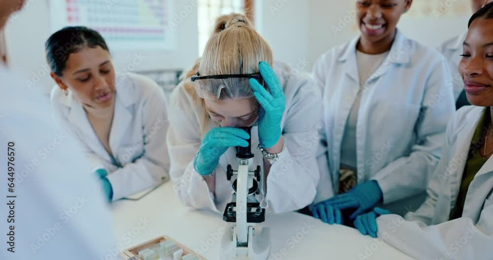 Poster school, science and students in laboratory with microscope for learning, lesson and education. chemi