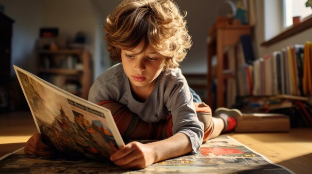 Young boy reading a large picture book on the floor.