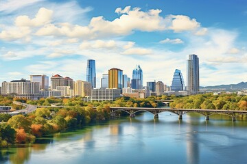 Fototapeta na wymiar Cityscape of Austin Texas overlooking river. Generative AI