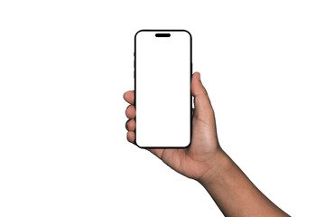 Smartphone similar to iphone 15 with blank white screen for Infographic Global Business Marketing Plan, mockup model similar to iPhone 15 isolated Background of digital investment economy