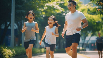家族のライフスタイル、一緒にジョギングをする日本人親子