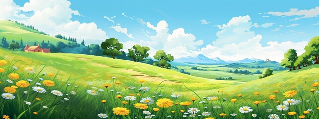 Cartoon summer field landscape. Blue sky with clouds, sunny day on the meadow full of flowers and trees on the background.  - 644977186