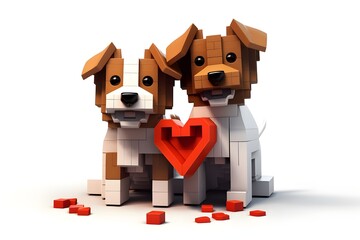Two brown and white old dogs with a heart in block style graphics on a white background