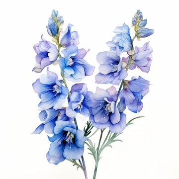 Blue watercolour delphinium larkspur summer flower painting on white background. Floral blossom concept