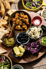 Appetizers food, cold dishes with roasted chiken. Colorful dishes