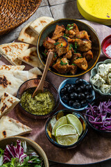 Appetizers food, cold dishes with roasted chiken. Colorful dishes