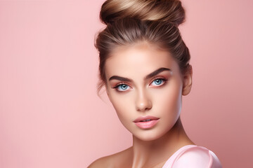 Portrait of blonde blue eyes woman on pink background