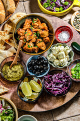 Appetizers food, cold dishes with roasted chiken. Colorful dishes