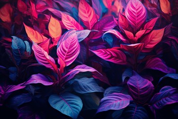 Vibrant foliage with pink leaves and purple flowers. Generative AI