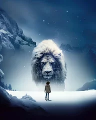 Poster Little boy and Jesus, the lion in snowy landscape. © Faith Stock