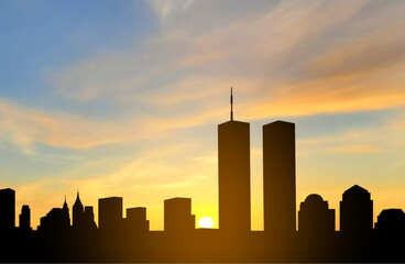 New York City Skyline with Twin Towers. World Trade Center. 09.11.2001 American Patriot Day banner. EPS10 vector
