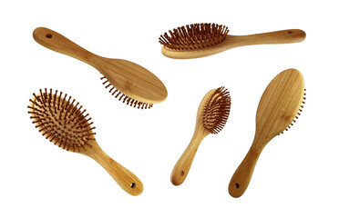 Wooden hairbrushes set isolated object bamboo material eco-friendly natural concept, cutout personal woman beauty accessory, soft focus clipping path