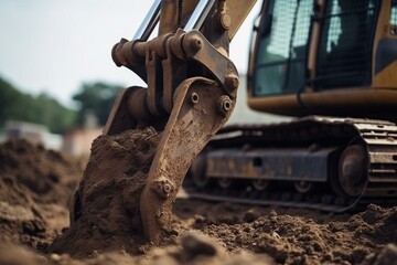 Close-up of bucket teeth on backhoe digging soil. Construction site excavation vehicle working on soil with crawler excavator. Earth moving machine. Generative AI