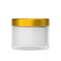 Transparent glass jar for branding and promotion isolated on white background, 3d render, product design