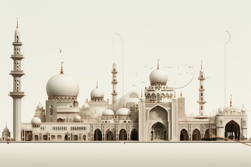 Fototapeta na wymiar Digitally created architectural elements inspired by mosques in fictitious cities. Generative AI