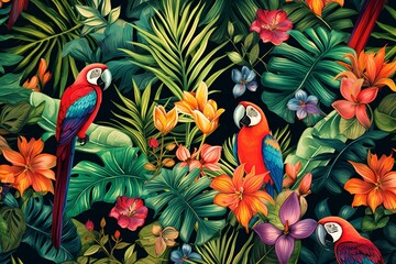 Vibrant tropical pattern depicting lush foliage and colorful exotic animals. Generative AI