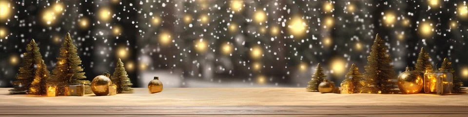 Foto op Canvas Wide banner, Empty woooden table top with abstract warm living room decor with christmas tree string light blur background with snow,Holiday backdrop,Mock up banner for display of advertise product © Eli Berr
