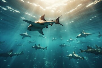 View of hammerhead sharks swimming in a school formation within the ocean. 3D rendering. Generative AI