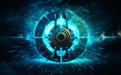 Cryptography and Blockchain: lock and key on dark background