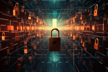 Cryptography and Blockchain: lock and key on dark background.