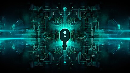 Cryptography and Blockchain concept: lock and key on dark background.