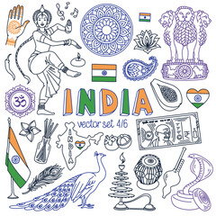 India doodle set. Traditional symbols of Indian culture and Buddhism, national food and landmarks. Drawings isolated on white background. Outline stroke is not expanded, stroke weight is editable