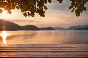 Fototapeta na wymiar Empty wooden table top with blurred lakeside cafe on a gorgeous Italian lake in the evening