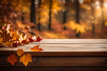 Naklejka na ściany i meble Empty wooden table top podium decorated with dry autumn leaves, blurred background of autumn plants