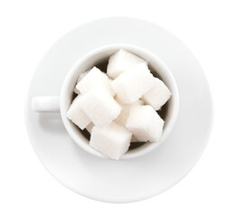 Coffee cup with sugar cubes on a white background. View from above. Sugar