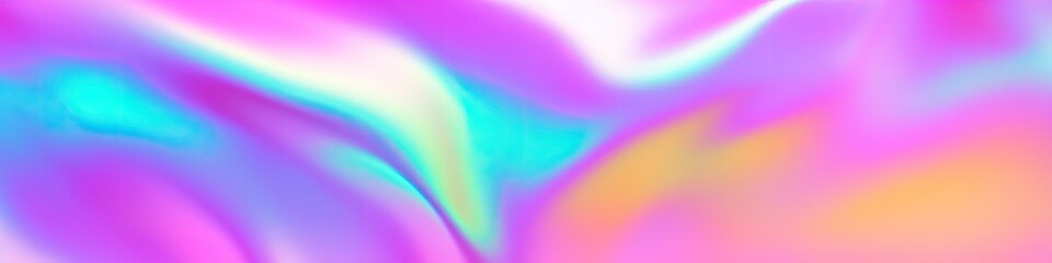 Obraz premium Holographic gradient neon Wide banner, Fashionable pastel rainbow unicorn background. Hologram colors liquid background. Translucent gradient neon holographic backdrop shimmer print.