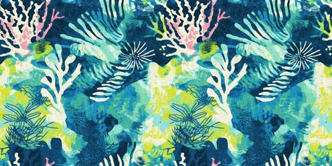 Fototapeta na wymiar Tropical modern coastal pattern clash fabric coral reef border print for summer beach textile designs with a linen cotton effect. Seamless trendy underwater kelp and seaweed ribbon edge background